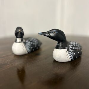 Set of 2 Vintage Hand-Painted Wood Loon Bird Figurines - Black & White